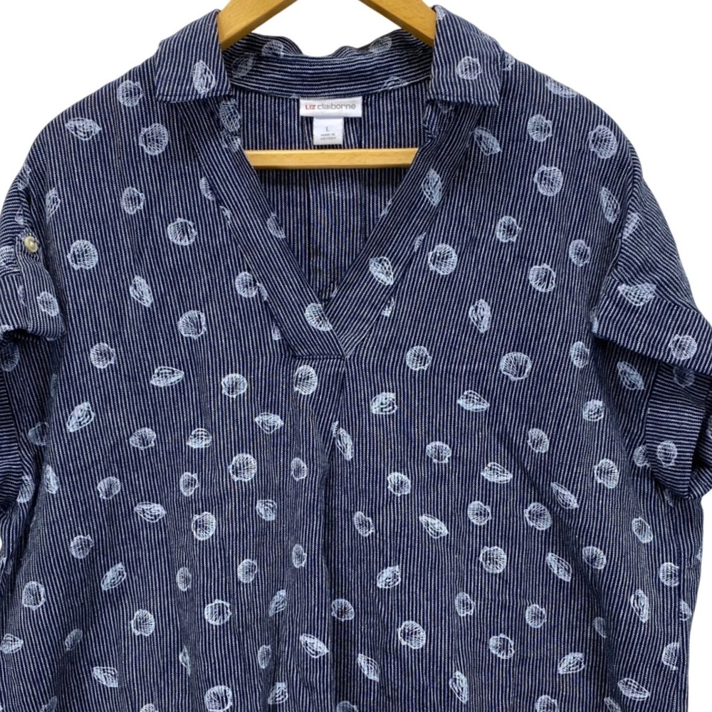 Liz Claiborne Womens Linen‎ Blend Pullover Shell Top Size L Blue White Print